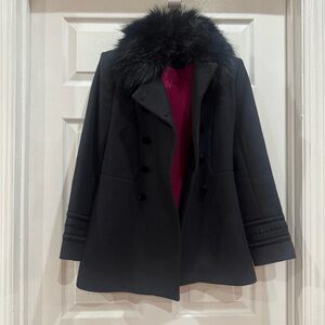 Women’s Black Wool Blend Coat with Faux Fur Collar